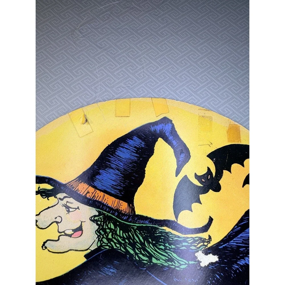 Vintage Eureka Halloween Witch on Broomstick & Bats Die-Cut Decor Cardboard Sign